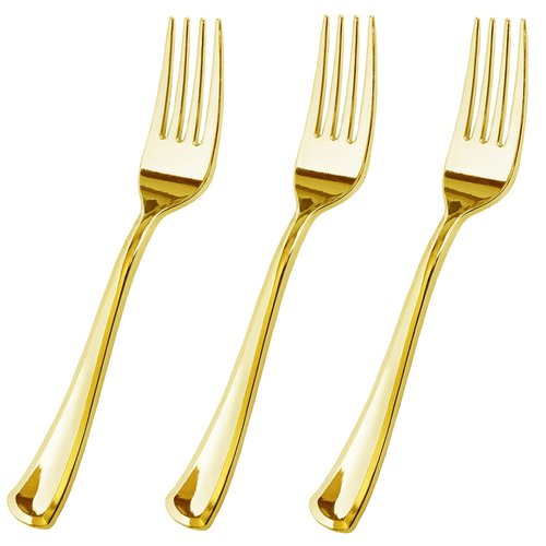 JL Prime 100 Piece Gold Plastic Forks Set, Re-Usable Recyclable Plastic Forks, Gold Plastic Forks, Great for Wedding, Anniversary, Rehearsal, Shower Events