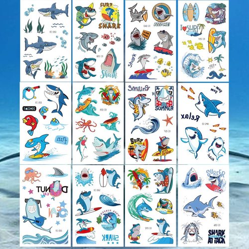Ooopsiun Shark Temporary Tattoos for Boys - 12 Sheets Ocean Shark Birthday Party Decorations Supplies Favors for Boys Kids