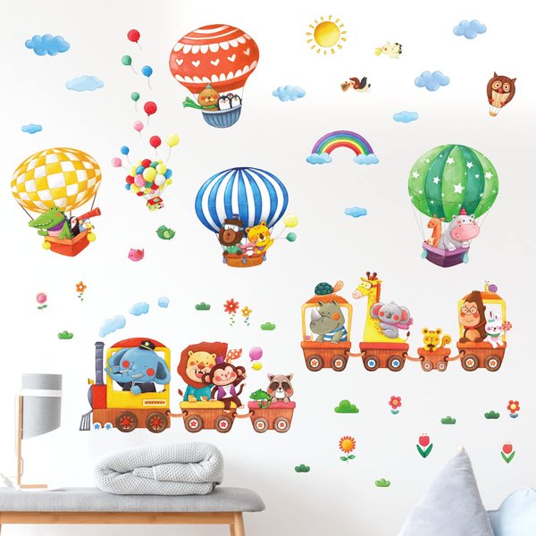DECOWALL DS-8006P8024 Animal Train and Hot Air Balloons Kids Wall Stickers Wall Decals Peel and Stick Removable Wall Stickers for Kids Nursery Bedroom Living Room (Small) décor