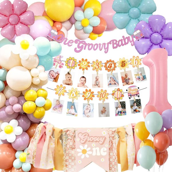 Groovy One Birthday Decorations, One Groovy Baby Birthday Decorations Girl,Groovy One Party Decorations with Groovy One Balloons, Daisy Flower Foilballoon, Hippie Birthday Photo Banner,40In Number