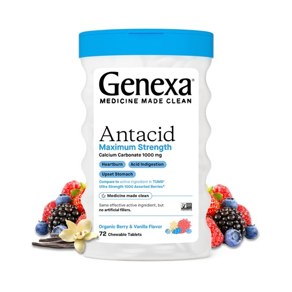 Genexa Antacid Chewable Tablets Maximum Strength | Calcium Carbonate Acid Reducer Relief for Heartburn, Acid Indigestion, & Upset Stomach | Delicious Organic Berry Flavor | 72 Tablets