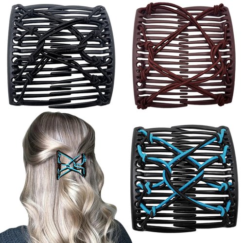 3 Pieces Elastic Magic Hair Comb Clips Stretchy Double Comb Hair Forks for Women Girls Vintage Hairstyle Multipurpose Hair Accessories (Classic Style-Blue Coffee Black)