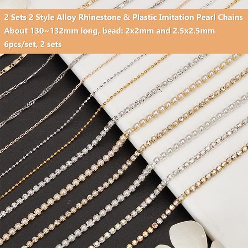GOMAKERER 12 Pcs 3 Styles Nail Chains, Alloy Nail Rhinestone Chains Imitation Pearl Chains Nail Art Decoration for Women DIY Manicure Tips Decor Jewelry Making