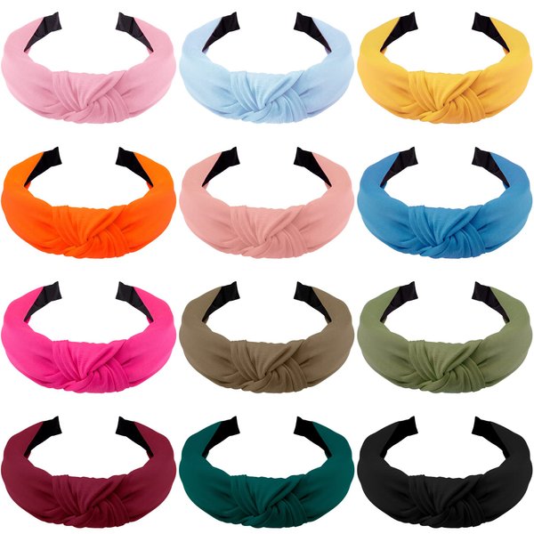 SIQUK 12 Pieces Knotted Headband Wide Turban Headbands Top Knot Headband Cross Knot Headbands for Womem and Girls, 12 Colors