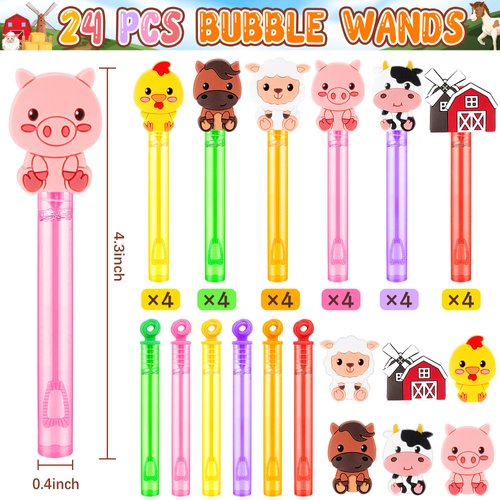 24 Pack Farm Party Favors Bubble Wands Set, 6 Style Farm Animal Theme Party Favors