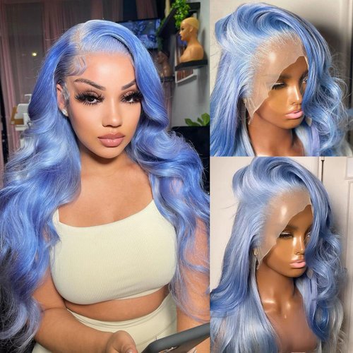 Msviki Lake Blue Body Wave Lace Front Wig Human Hair 180% Density Colored Human Hair Wigs For Women HD 13x4 Lace Frontal Wig Virgin Brazilian Hair 22 inches