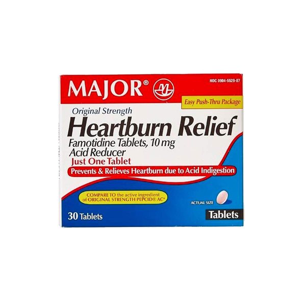Major Famotidine Heartburn Relief (Acid Reducer), 10mg Original Strength, Unisex Adult, Pink Round Tablets, Flavorless, 30 Count, 1 Pack