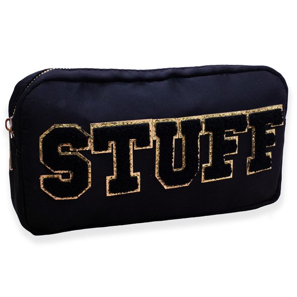 Fablinks Preppy Makeup Pouch, Chenille Varsity Letter Stuff Bag, Black Nylon Skin Care Patch Bags Organizer, Travel Make Up Skincare Cosmetic Zipper Bags for Women