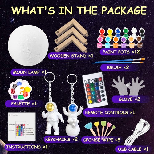 Paint Your Own Moon Lamp Kit, 16 Colors Rechargeable Night Light, Arts and Crafts Kit Art Supplies for Kids Ages 9-12,Valentines Crafts Kit for Teen Girls Boys, DIY Galaxy Lamp for Bedroom Space Decor