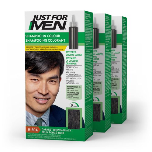 Just For Men Shampoo-In Color (Formerly Original Formula), Mens Hair Color with Keratin and Vitamin E for Stronger Hair - Darkest Brown-Black, H-50A, Pack of 3
