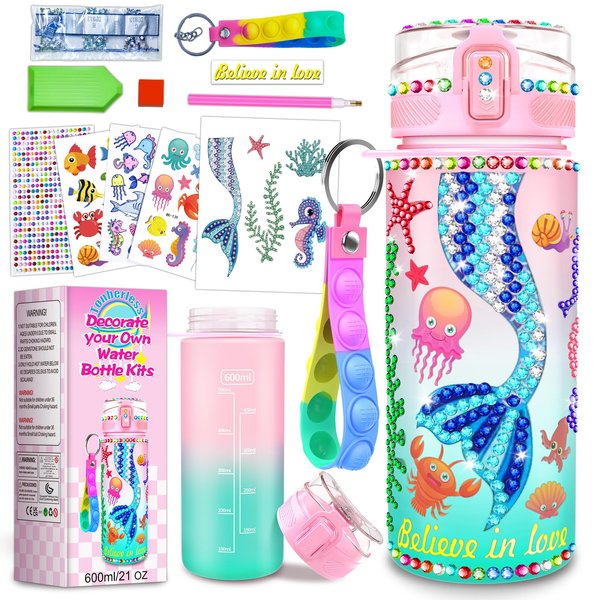 Tonberless Decorate Your Own Water Bottle Kits for Girls Age 4-6-8-10, Mermaid Toys Painting Crafts, Christmas Stocking Stuffers Birthday Gifts for Teen Girls 5 7 9 Years Old
