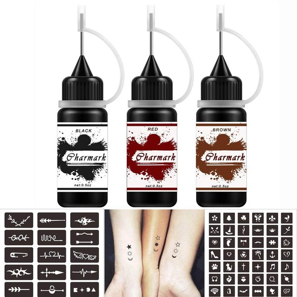 Charmark Jagua Gel Temporary Kit for Women Men Kids, Semi Permanent Ink Summer Trend Art Painting DIY Fake Freckles 84 Pcs Stencils - Full Kit 3 Colors (Black+Red+Brown)