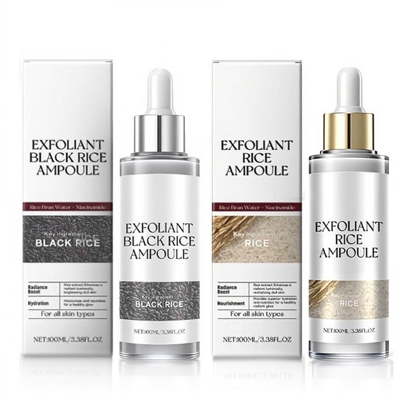 2PCS Rice Exfoliating Ampoule Set, 2025 Upgrade Black & White Rice Peeling Duo for Glowing Skin | Gentle Exfoliant + Pore Minimizing Serum + Deep Hydration & Hyaluronic Acid