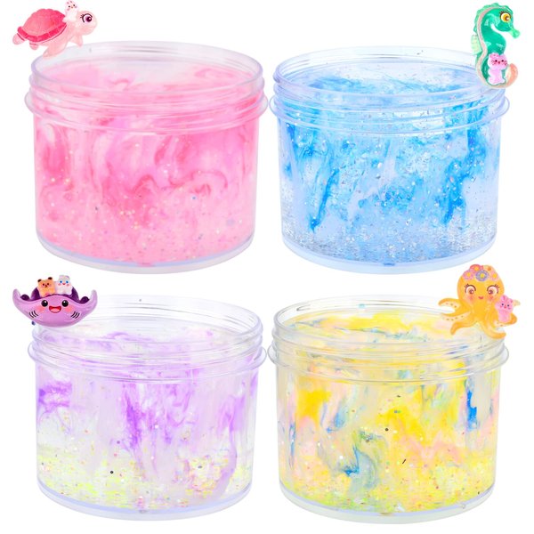 4 Pack Crystal Slime Kit with Scented DIY Slime for Girls and Boys, Super Soft, Non-Sticky Stress Relief Toy, Party Favors and Birthday Gift