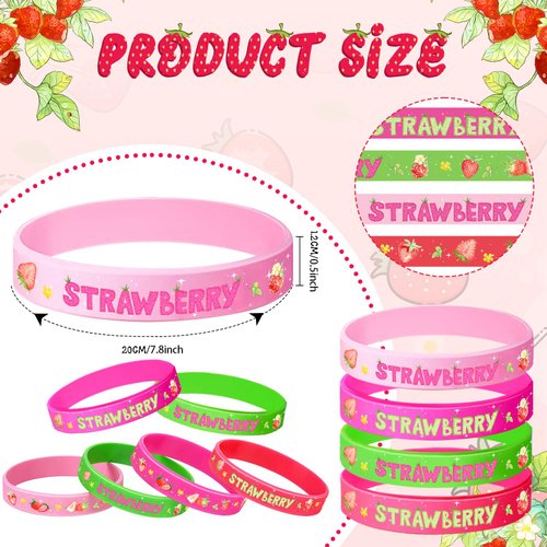 YYMYMGJ 24PCS Strawberry Party Favors Strawberry Themed Wristbands Silicone Bracelets for Baby Shower Sweet Berry Strawberry 1st Birthday Party Strawberry Party Summer Party Supplies Decorations