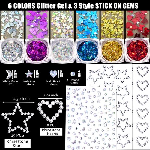Face Glitter Body Glitter Gel with Face Heart Star Stickers, 6 Colors Hair Glitter Gel with Self Adhesive Face Gems Stick on Rhinestone Stickers for Face, Hair, Body for Festival Makeup