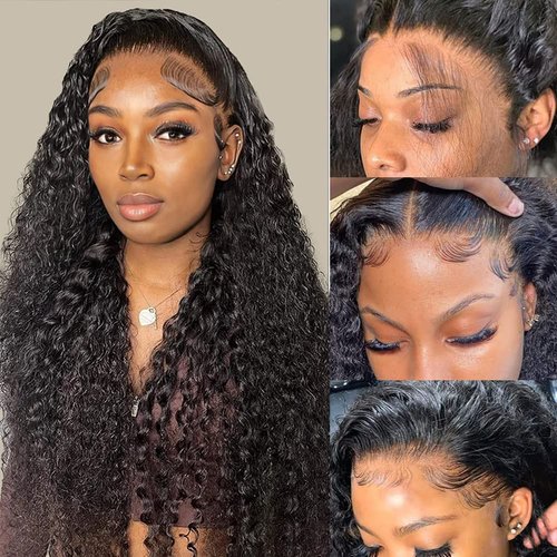 GIESWY 30 Inch Deep Wave Lace Front Wigs Human Hair 180% Density 13x4 HD Transparent Lace Frontal Wigs for Women Glueless Wigs Pre Plucked/Cut with Baby Hair (30inch,Natural Black)