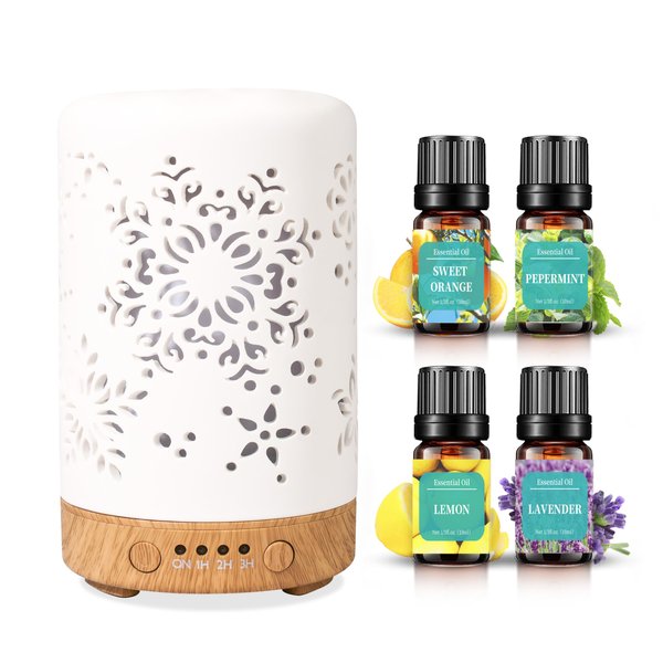 HOMNAS Essential Oil Diffuser with Oils, 100ML Upgraded Ceramic Diffusers for Essential Oils, Ultrasonic Aromatherapy Oil Diffuser Humidifier with Lavender&Lemon Oils, Aromatherapy Humidifier for Home