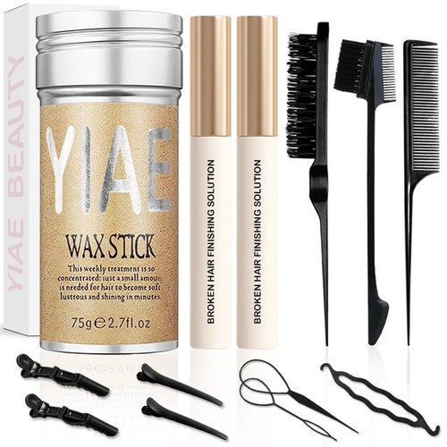YIAE Hair Wax Kit, Hair Wax Stick Womens and 2 Hair Stick for Flyaways with Hair Comb and Hair Braiding kit, Hair Accessories for Women with Non-greasy Pomade Gummy Wax for Edge Frizz Hair (75g+30ml)