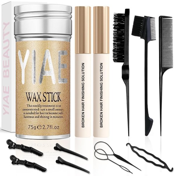 YIAE Hair Wax Kit, Hair Wax Stick Womens and 2 Hair Stick for Flyaways with Hair Comb and Hair Braiding kit, Hair Accessories for Women with Non-greasy Pomade Gummy Wax for Edge Frizz Hair (75g+30ml)