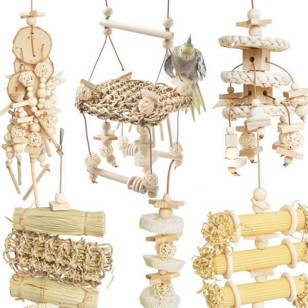 Wepets 6PCs Natural Bird Chewing Shredding Foraging Toys, Bird Swing Toy with Bird Perch for Cockatiels, Parrotlets, Cockatiels, Conures, Parakeets, Budgies, Love Birds and More
