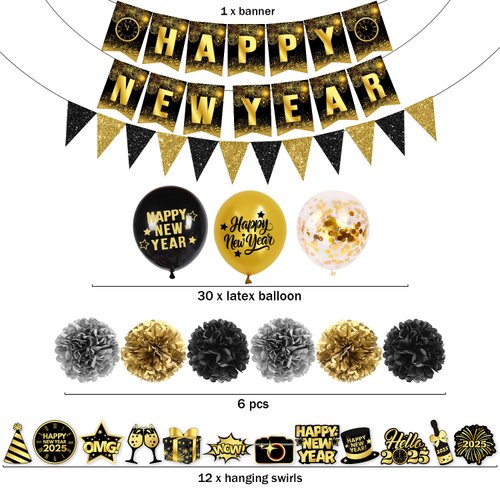 65Pcs Black and Gold New Years Decorations, New Year Decorations 2025 Happy New Year Banner, New Years Eve Party Supplies Happy New Years Latex Balloons Pom poms New Years Hanging Decorations