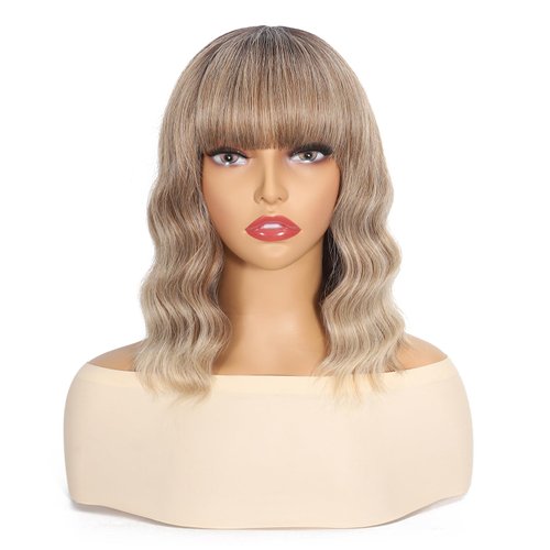 Apoze Short Wig With Bangs For Women,Synthetic Cosplay Bob Wigs,Curly Hair Wigs For Daily Party Use,Natural Looking Heat Resistant Shoulder Length Wig(Ombre Blonde Mixed)