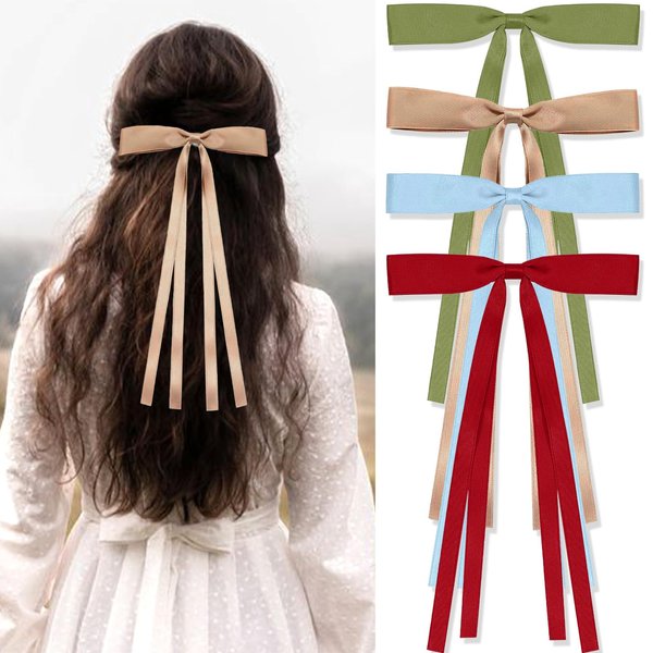 FULZTEY Bow Hair Clips for Women Red Bowknot Hair Clips Soft Silky Satin Bow Hair Barrettes Long Tail Barrettes Hair Accessories for Girls 4PCS