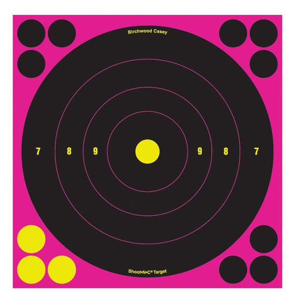 Birchwood Casey Shoot-N-C 8" Pink Bull's-Eye Reactive Targets - Highly Visible Instant Feedback Self-Adhesive Shooting Target Stickers with Repair Pasters - 6 Targets, 72 Repair Pasters