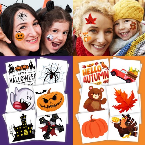 winthrop 240 Pcs Holiday Temporary Tattoos for Kids, Halloween&Thanksgiving Individually Wrapped Waterproof Safety Tattoos Stickers, Best Choice for Trick or Treat and Fall Gifts, 120 Designs
