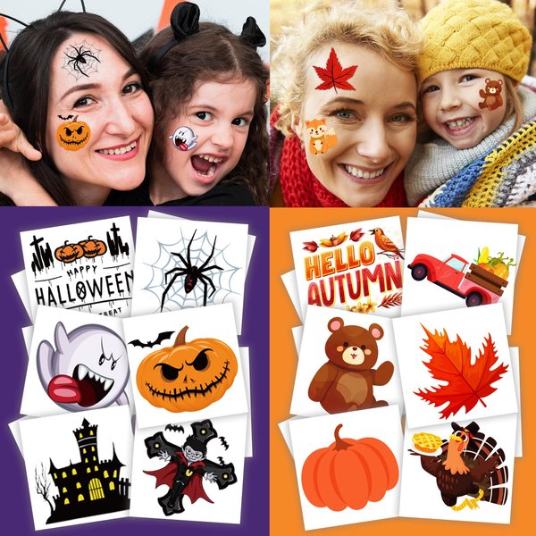winthrop 240 Pcs Holiday Temporary Tattoos for Kids, Halloween&Thanksgiving Individually Wrapped Waterproof Safety Tattoos Stickers, Best Choice for Trick or Treat and Fall Gifts, 120 Designs