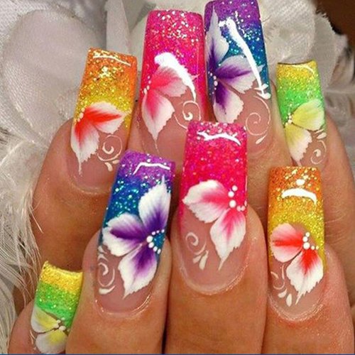 Flower Press on Nails Long Coffin Nails Medium Length Square Fake Nails Colored French Nails Tip False Nails with Light Floral Design Purple Acrylic Glue on Nails Bling Stick on Nails for Women 24Pcs