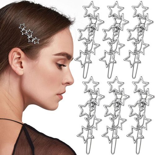 HINZIC 6Pcs Silver Hollow Star Hair Clips, Vintage Cluster Star Hairpin Metal Geometric Non Slip Barrettes for Bridal Women Girls Wedding Prom Birthday Valentines Hair Accessories
