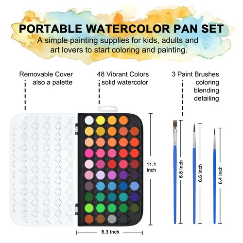 Watercolor Paint Set, Shuttle Art 48 Colors Watercolor Paint Pan Set with 3 Paint Brushes for Beginners, Artists, Kids & Adults to Watercolor Paint, Bullet Journal, Calligraphy Practice