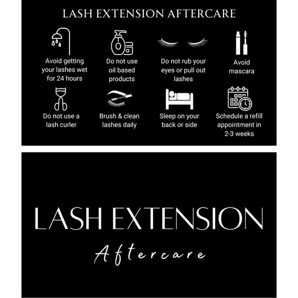 Lash Extension Aftercare Card | 50 Pack | Lash Aftercare Instruction Minimalist Cards Double Sided Size 3.5 x 2 inches Eye Lash Aftercare Kit for Clients with 2-3 Week Refill Instruction