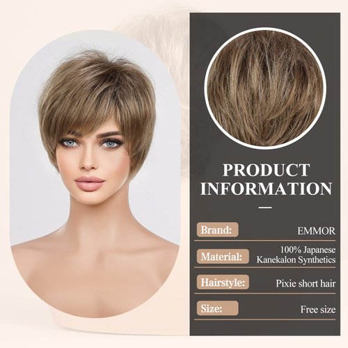 EMMOR Short Blonde Brown Wigs for Women Memory Fiber Simulated Human Hair Pixie Curly Wig With Bang,Natural Daily Use Hair(Color JR14#)