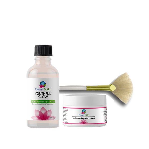 Planet Eden 50% Glycolic Acid Chemical Skin Peel Kit with Antioxidant Recovery Cream and Fan Brush - Diminish the look of Dark Spots, SUN DAMAGE, Wrinkles/fine lines, Age/Dark Spots