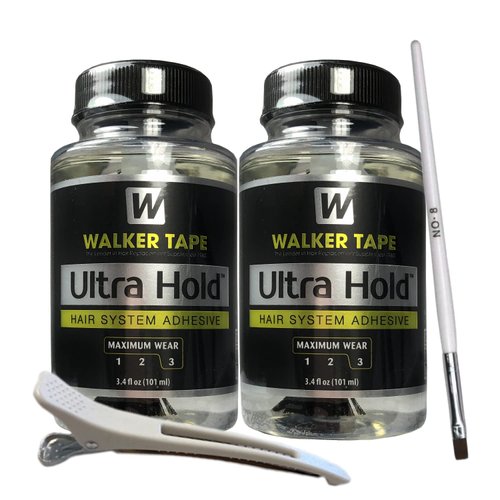 2pcs Ultra Hold Hair System Adhesive 3.4oz w/White Hair Clip & Brush Bundle Pack | Waterproof Invisible Long-Lasting | Front Bonding Weave Toupees Wigs Extensions Lace Wig Glue | Bold Hold Adhesive