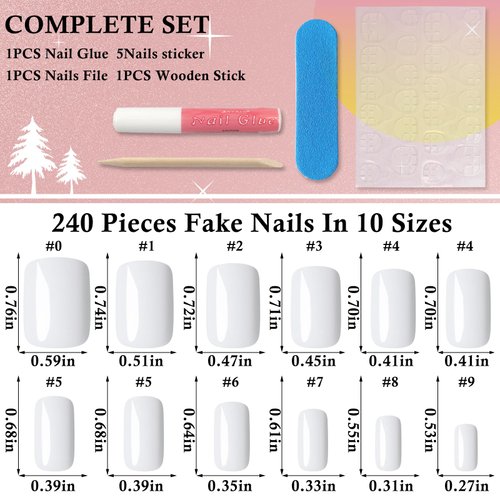LoveOurHome 240pc White Press on Nails Short Fake Nails Square Glue on Nail Short Acrylic Nails Press ons Nail Tips Full Cover False Nail Women Girls Square Artificial Fingernail with Adhesive Tabs