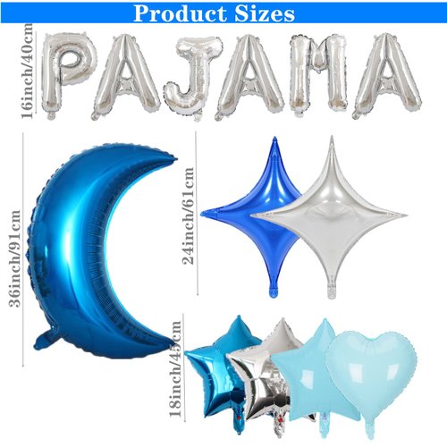 44 Pieces PAJAMA PARTY Balloons Blue Moon Star Heart Aluminum Foil Balloons Silver Latex Balloons for Girls Women Boys Slumber Party Sleepover Birthday Party Spa Party Decoration (Blue)
