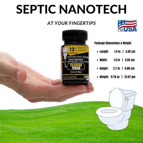 FLUSHTIME Septic Tank Treatment | 12 Month Supply | Avoid Septic Backup | Monthly Preventive Septic Maintenance | Natural Toilet Flushable Septic System Booster Additive | Odor Control