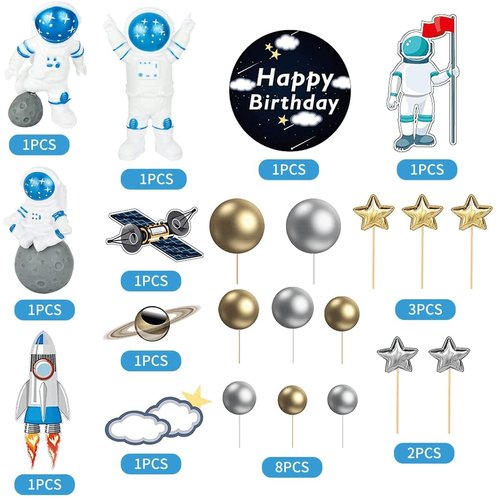 22Pcs Space Cake Topper,Space Cupcake Toppers Astronaut Figurine Birthday Outer Space Themed Party Decorations Supplies Planet Rocket Pearl Balls and Star DIY Cake Toppers for Kids Party Baby Shower