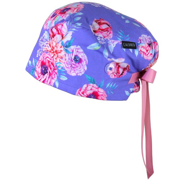 CALOMED Scrub Cap for Women and Men, Euro Style Scrub Caps, Working Hat, Head Cover with Ribbon Ties and Buttons, Long or Short Hair (Pink Peonies)