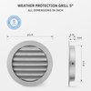 calimaero WSGG 5" Inch Gray Round Metal Air Vent Grill Cover Flat Louver with Fly Screen Fits Only with Metal Ducts