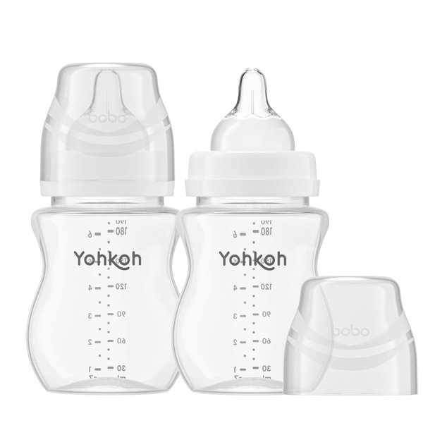 YOHKOH Natural Flow PP Baby Bottle with Natural Response Nipple, Wide Neck Anti-Colic Baby Bottles, Easy to Clean (6.4oz (Pack of 2), White)