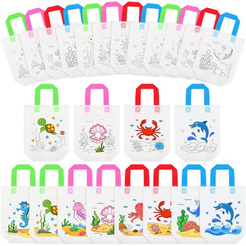 Kajaia 24 Pcs Ocean Animal Coloring Goodie Bags with 13 Pcs Coloring Markers Non Woven Coloring Totes Under the Sea Party Favor Bags for Kids Sea Animals Birthday Party Favor DIY Crafts