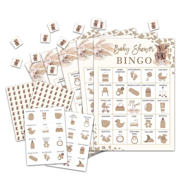 OZTEMETY Baby Shower Bingo Card Game, Cow Baby Shower Bingo Game for Gril Adults, Cow Baby Shower Party Supplies, Favors, Gender Reveal Party Decorations, 24 Players Bingo Game, C11