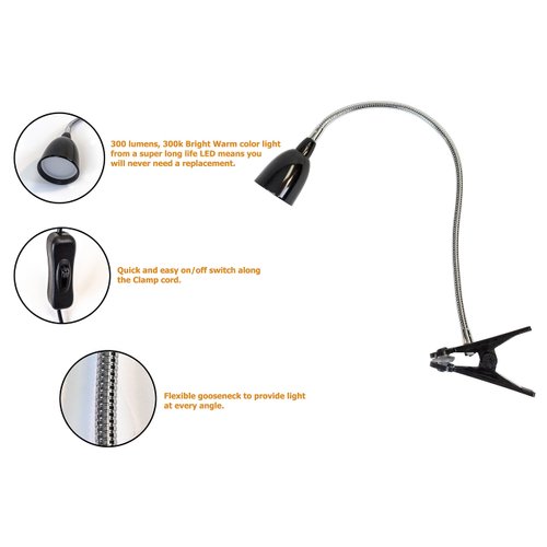 Newhouse Lighting NHCLP-LED-BLK Black Metal Flexible Clamp-Style LED Goose Neck Desk Lamp in 3000K Warm White Color Temperature with Power Adapter and 6 ft. Power Cord