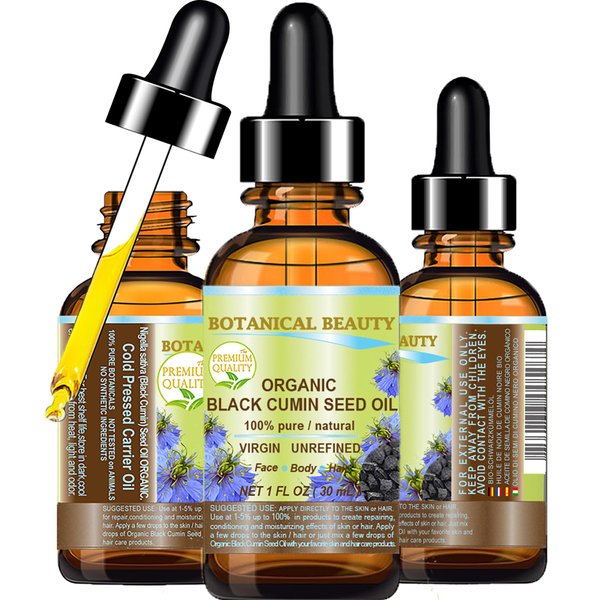 Botanical Beauty ORGANIC BLACK CUMIN SEED OIL Nigella sativa 100% Pure Natural Virgin Undiluted 1 Fl.oz.- 30 ml for Face, Skin, Hair, Lip, Nails. Rich in Vitamin C, vitamin E