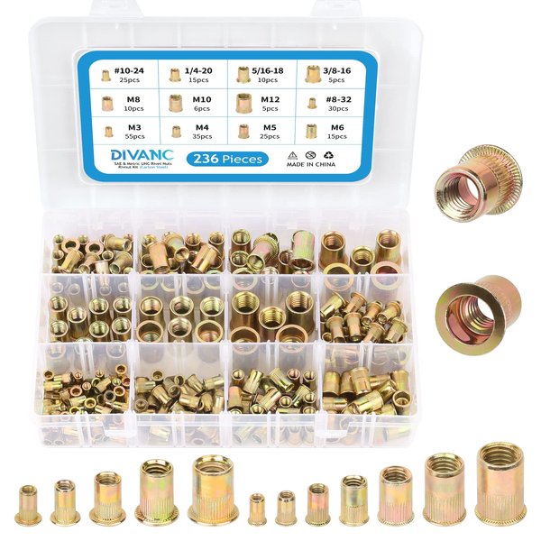 DIVANC Rivet Nuts Assortment Kit,236PCS Rivet Nuts SAE and Metric Carbon Steel Zinc Plated UNC Nutserts Rivnut,Flat Head Insert Nut Assort M4 M5 M6 M8 M10 M12 and #8-32#10-24 1/4"-20 3/8"-16 5/16"-18
